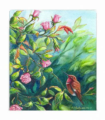 Small Wonders - Male Rufous Hummingbird and Roses by Linda Parkinson